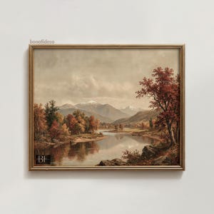 Pintura al óleo de paisaje otoñal vintage, arte mural rústico y melancólico de otoño, descarga digital imprimible.