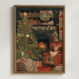 Festive Christmas Reindeer Art Print, Cozy Vintage Holiday Decor, Beatrix Potter Inspired Winter Scene, Charming Fireplace Wall Art