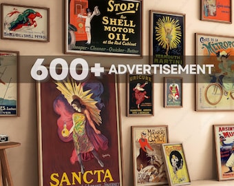 Può includere: Una collezione di manifesti pubblicitari vintage incorniciati. I manifesti presentano illustrazioni e testo colorati, tra cui "Shell Motor Oil", "Vermouth Martini" e "Sancta Liqueur". I manifesti sono esposti su una parete di colore chiaro.