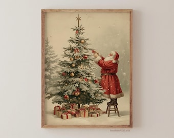 Disegno vintage di Babbo Natale e albero di Natale / Decorazione natalizia da parete con foresta invernale dai toni neutri / Arredamento natalizio rustico in stile fattoria / Download digitale