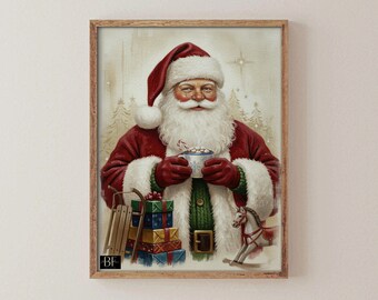 May include: A framed vintage print of Father Christmas holding a mug of hot chocolate. He wears a red suit with white fur trim and a matching hat. A wooden sledge, wrapped gifts, and a rocking horse are at his feet.