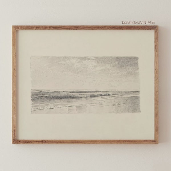 Vintage Graphite Seascape Print - Coastal Wall Art - Antique Beach Art - Farmhouse Decor - Vintage Drawing