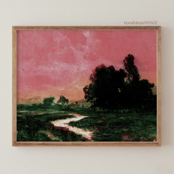 Alter Art, eclectische muurkunst, vintage landschap, kleurrijke poster, roze schilderijprint, humeurig decor, galerijmuurset, antiek barok olieverfschilderij