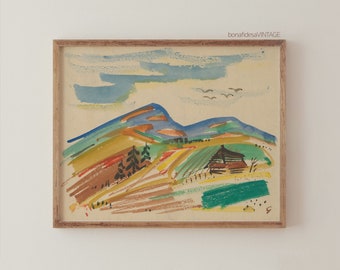 Könnte beinhalten: Ein Aquarellbild einer Landschaft mit einem kleinen Haus, Bäumen und einem See. Das Bild ist in einem hellen Holzrahmen gerahmt. Der Himmel ist blau mit weißen Wolken. Die Berge sind grün und blau. Das Haus ist braun mit einem roten Dach. Die Bäume sind grün. Der See ist blau. Das Bild ist unten rechts signiert.