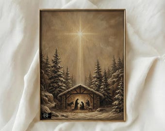 May include: A framed sepia-toned print depicts a Nativity scene. A bright star shines above a stable, illuminating figures inside. The scene is set in a snowy forest with evergreen trees. The frame is gold.