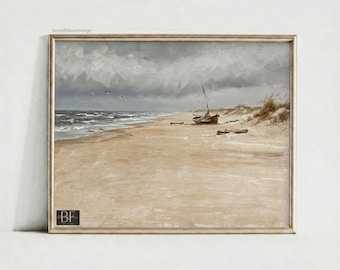 Vintage Neutral Beach Painting, Soft Coastal Landscape, Summer PRINTABLE Download