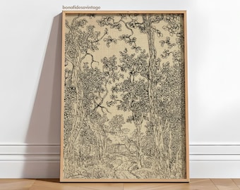 Vintage Sketch Print | Antique Landscape Drawing | Farmhouse Wall Decor | Moody Wall Art | Woodland Landscape Printable | Textile Wall Art
