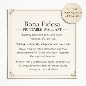 Peut inclure: Une affiche carr&eacute;e d'art num&eacute;rique &agrave; t&eacute;l&eacute;charger avec un fond cr&egrave;me et du texte sombre indiquant Bona Fidesa Printable Wall Art. Elle contient des instructions sur les fichiers JPG, l'absence d'envoi physique et des conseils d'impression.