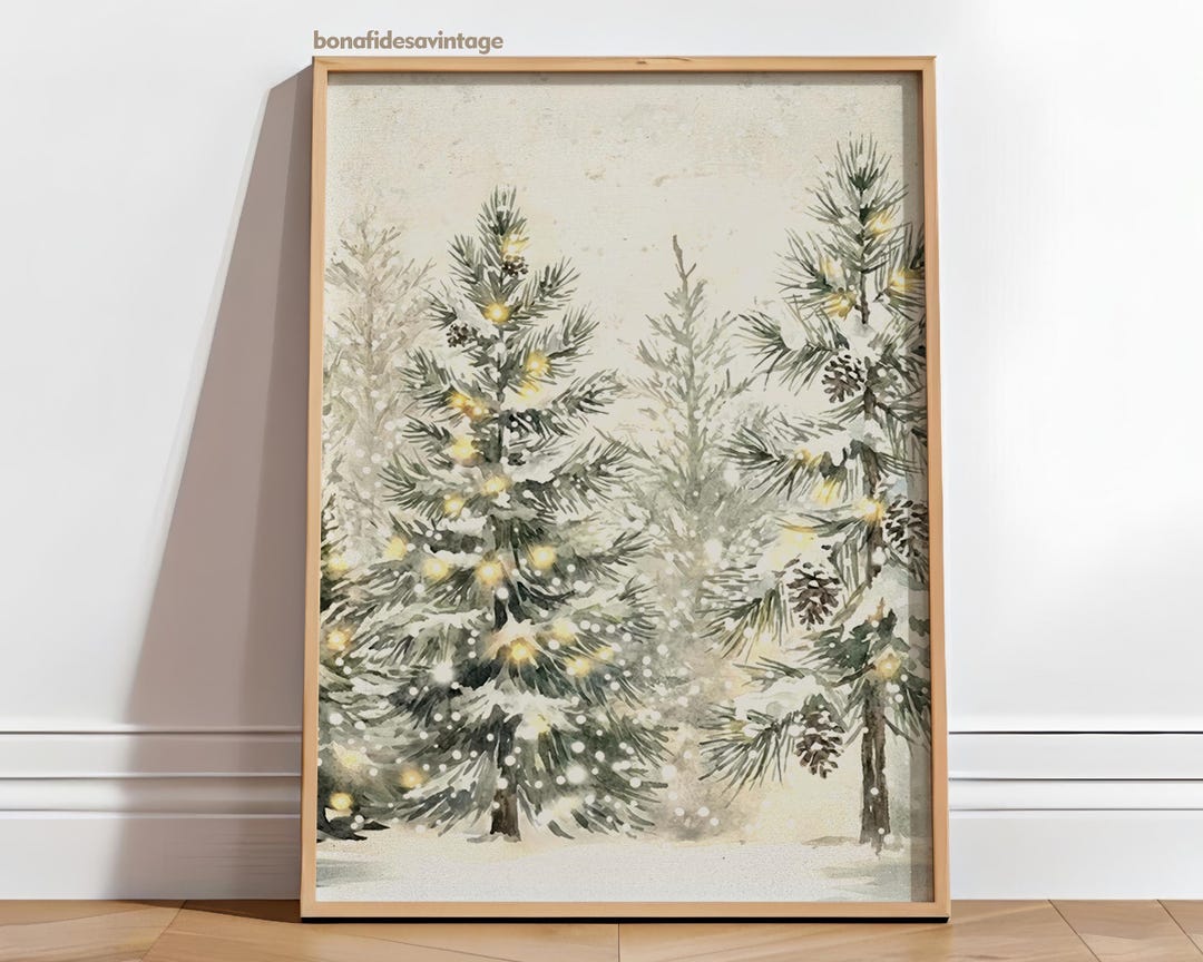 Snowy Pine Trees Landscape Art Print: Christmas Winter Forest ...