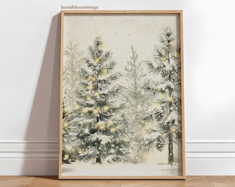 Snowy Pine Trees Landscape Art Print: Christmas Winter Forest Watercolor (Digital Download)