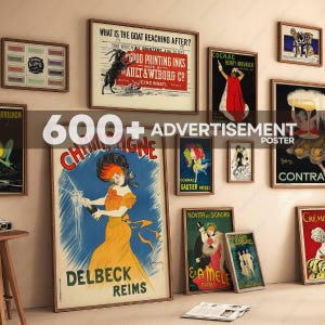 May include: A display of framed vintage advertisement posters. The posters showcase colourful illustrations and text, including a champagne advert, a cognac ad, and a poster for printing inks. The overall theme is vintage advertising.