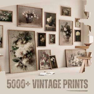 May include: A wall gallery featuring a collection of vintage floral prints in various sizes and frames. The prints depict bouquets of flowers, including roses, lilies, and other blooms. The prints are arranged in a symmetrical pattern on a white wall.