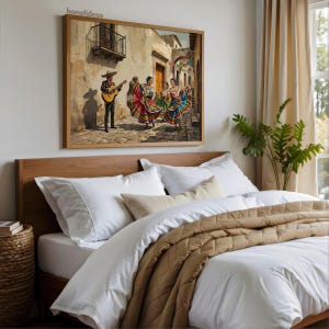 May include: A rectangular wall art print in a light wood frame depicting a street scene with a musician playing a guitar and two dancers in colorful, flowing dresses. The artwork features the text bonafidesa in the top left corner.
