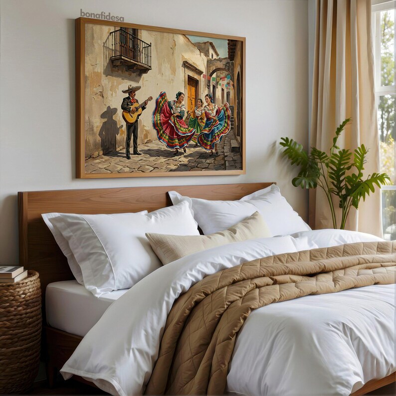 May include: A rectangular wall art print in a light wood frame depicting a street scene with a musician playing a guitar and two dancers in colorful, flowing dresses. The artwork features the text bonafidesa in the top left corner.