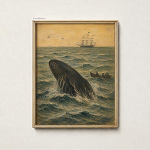 May include: A framed wall art print featuring a dark whale breaching from deep blue ocean waves. A small wooden rowboat with three figures is nearby, while a large sailing ship is visible on the horizon under a golden sky. The text bonafidesa is present.