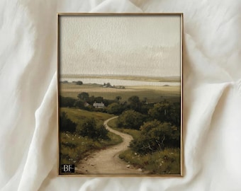 Muted Green Landscape Painting: Vintage Coastal Wall Art (Printable Digital Download)