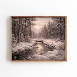 Op de afbeelding: Een ingelijst schilderij van een winterlandschap met een besneeuwd bos, rivier en brug. Het kunstwerk gebruikt een gedempte kleurenpalet van wit, grijs en bruin, waardoor een rustige sfeer ontstaat. De initialen "BF" zijn linksonder zichtbaar.