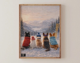 May include: A framed print featuring five dogs in winter attire, facing away from the viewer, overlooking a snowy mountain landscape. The dogs wear hats and coats in red, pink, blue, and teal. Ski equipment is visible in the background.