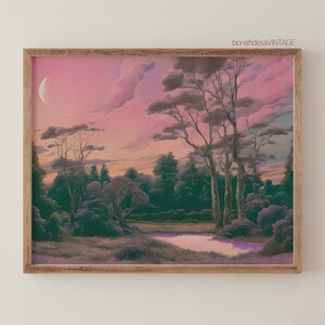 May include: A digital painting of a forest scene with a crescent moon in the sky. The sky is a soft pink and purple color, and the trees are a dark green. There is a small pond in the foreground.