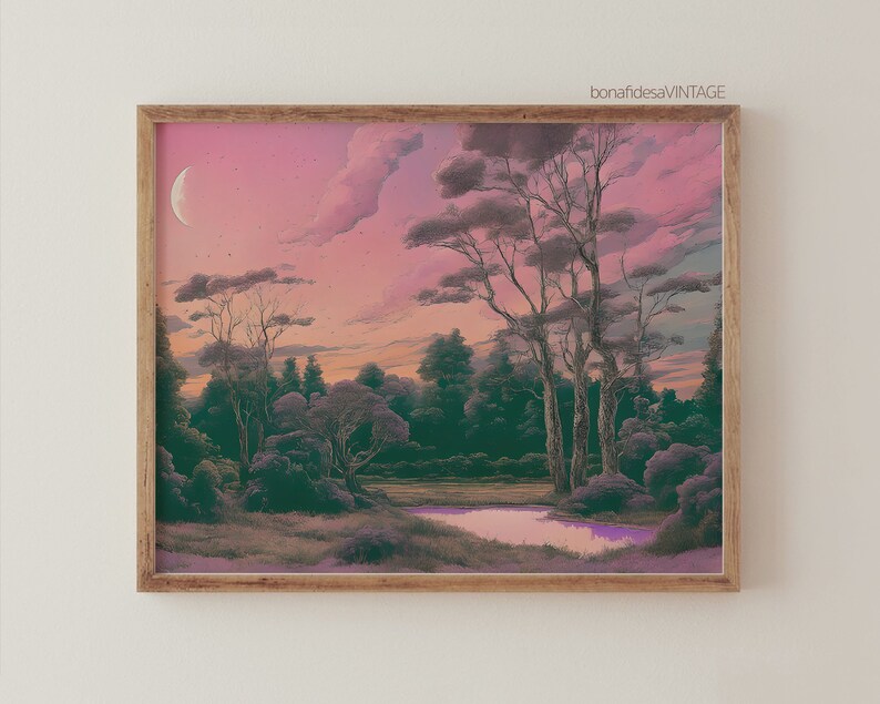 May include: A digital painting of a forest scene with a crescent moon in the sky. The sky is a soft pink and purple color, and the trees are a dark green. There is a small pond in the foreground.