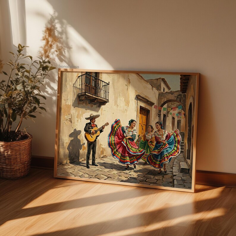 May include: A framed rectangular wall art print depicting a street scene with a musician playing a guitar and three dancers in vibrant, multi-colored ruffled dresses. The setting features stone architecture, a balcony, and hanging banners.