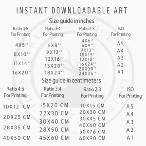 May include: A chart showing different print sizes in inches and centimeters for various aspect ratios, including 4:5, 3:4, 2:3, and ISO standard sizes. The chart includes common print sizes like 4x5, 8x10, 11x14, and 16x20 inches, as well as their corresponding metric equivalents.