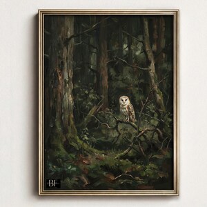 May include: An oil painting of a forest scene with an owl perched on a branch. The artwork features a muted color palette of greens, browns, and blacks, with a gold-colored frame. The owl has a light-colored face and chest.