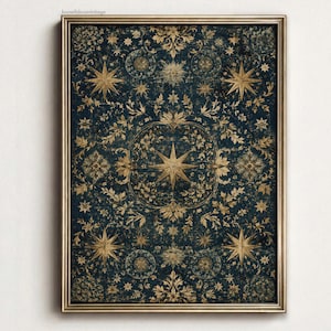 Arte mural celestial vintage, estampado de estrella azul marino y dorada, decoración estilo academia oscura, póster de tapiz antiguo, descarga digital.