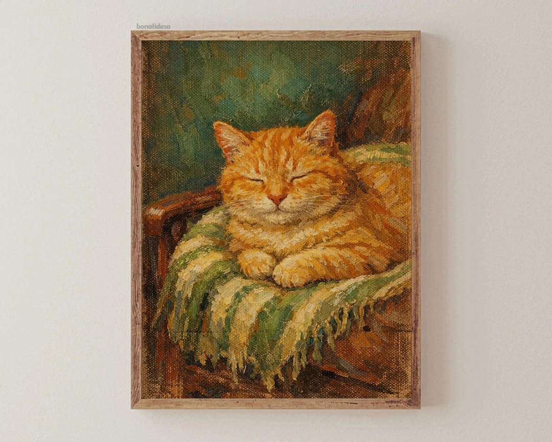 Sleeping Cat Minimalist Print | Modern Striped Kitten Art | Dark Green ...