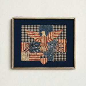 Pode incluir: Obra de arte emoldurada com tema patriótico. Apresenta uma águia com listras vermelhas e brancas e um fundo azul. O design incorpora elementos da bandeira americana e fogos de artifício. A obra está emoldurada em uma moldura dourada.