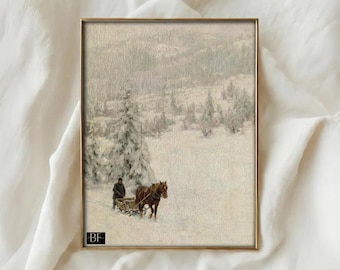 Impression numérique d'un paysage d'hiver enneigé, style vintage de ferme nordique pour Noël.