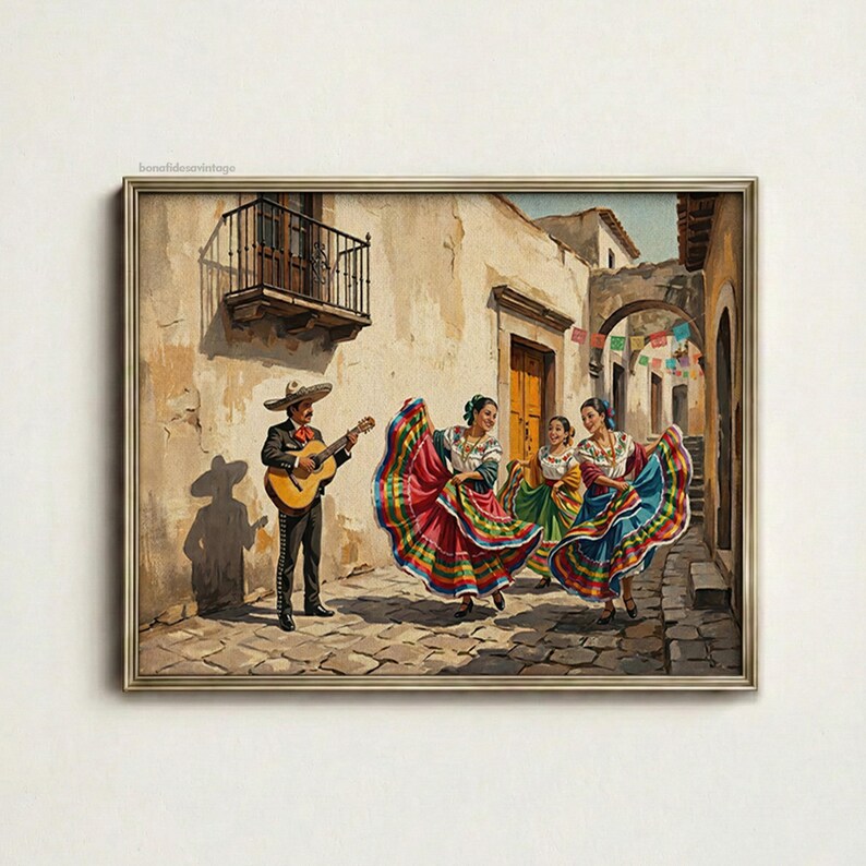 May include: A framed painting depicting a musician in a dark suit and sombrero playing an acoustic guitar, accompanied by three dancers in colorful, multi-striped skirts and white blouses, set on a cobblestone street with stone buildings.