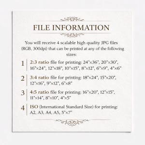 May include: A white informational card with dark brown text titled FILE INFORMATION. It lists four scalable high-quality JPG files in RGB 300dpi, detailing specific printing ratios and dimensions in inches for 2:3, 3:4, 4:5, and ISO standard sizes.