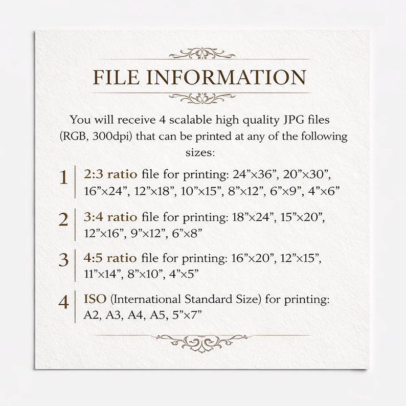May include: A white informational card with dark brown text titled FILE INFORMATION. It lists four scalable high-quality JPG files in RGB 300dpi, detailing specific printing ratios and dimensions in inches for 2:3, 3:4, 4:5, and ISO standard sizes.