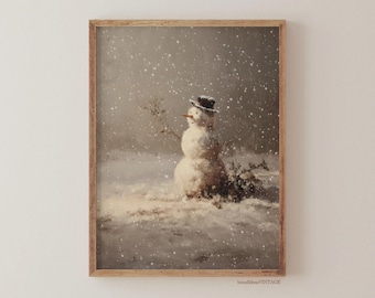 Cuadro decorativo vintage de muñeco de nieve, pintura rústica de paisaje invernal, lámina de decoración navideña antigua, lámina navideña de estilo rústico para imprimir, descarga digital.