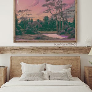 May include: A framed print of a landscape painting depicting a forest scene with a river and a crescent moon in the sky. The sky is a soft pink and purple color, and the trees are a deep green. The painting is in a wooden frame.