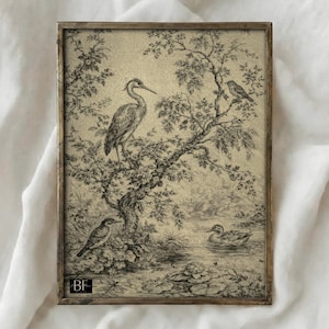 May include: A framed black and white print featuring a detailed illustration of a heron perched on a tree branch, with other birds and a duck in a serene landscape. The artwork is set within a metallic frame.