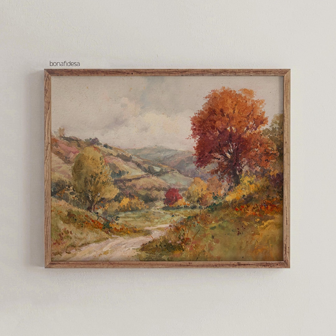 Rustic Fall Landscape Watercolor Print: Autumn Country Scene (digital ...