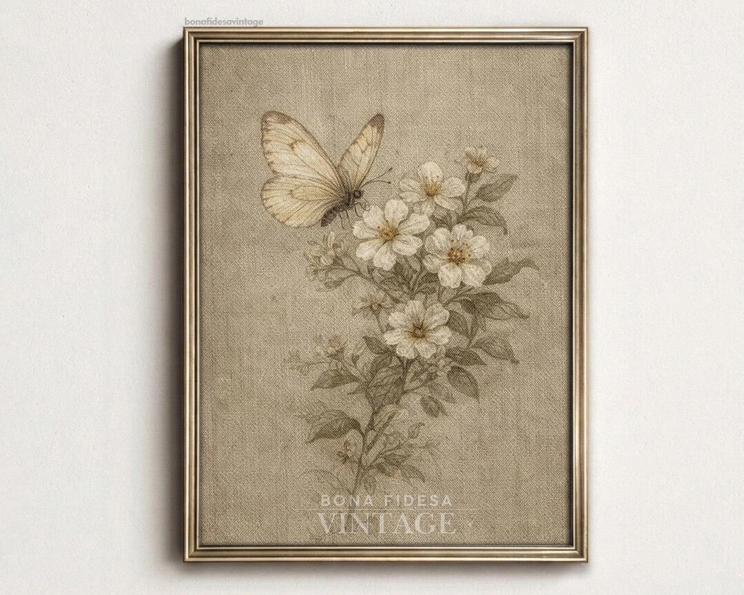 Vintage Butterfly Botanical Printable Wall Art, Neutral Floral Decor ...