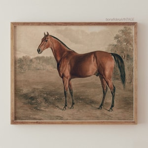 Antique Brown Horse Wall Art Painting - Dark Moody Rustic Landscape Vintage Farmhouse Artwork Printable Oil Painting