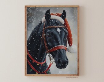 May include: A framed print of a black horse wearing a red Santa hat and harness, with falling snow in the background. The horse has a white marking on its forehead and is adorned with festive holiday decorations.