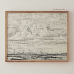 Graphite Cloudy Landscape Print, Vintage Landscape Sketch, Victorian Wall Art, Printable Wall Art, Light Academia Decor
