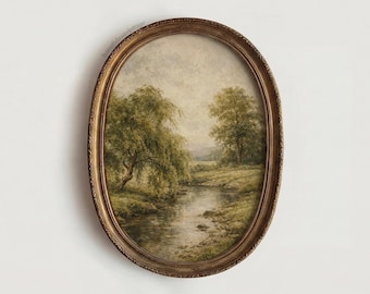 Vintage Landscape Printable Wall Art – Pastoral River With Willow, Neutral Green Digital Download, Farmhouse Decor, Housewarming Gift