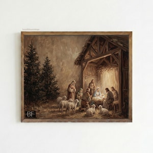 Star of Bethlehem Nativity Art Print, Vintage Holy Night Painting, Dark Academia Christmas Wall Decor, Sacred Manger Scene, Digital Download