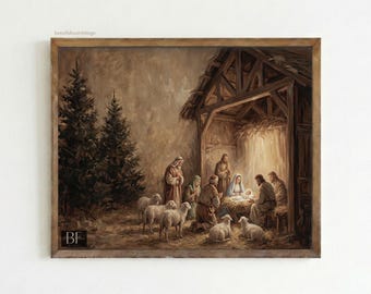 Star of Bethlehem Nativity Art Print, Vintage Holy Night Painting, Dark Academia Christmas Wall Decor, Sacred Manger Scene, Digital Download
