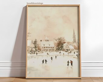 May include: A framed vintage print showing a winter landscape. The image features a village scene with figures ice skating on a frozen lake. The artwork uses a soft palette of beige, brown, and white. The frame is light wood.