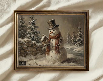 Cuadro decorativo vintage de muñeco de nieve, pintura rústica de paisaje invernal, lámina de decoración navideña antigua, lámina navideña de estilo rústico para imprimir, descarga digital.