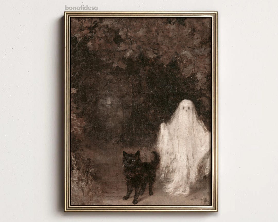 Cute Ghost and Black Cat in Dark Forest Wall Art, Spooky Halloween ...