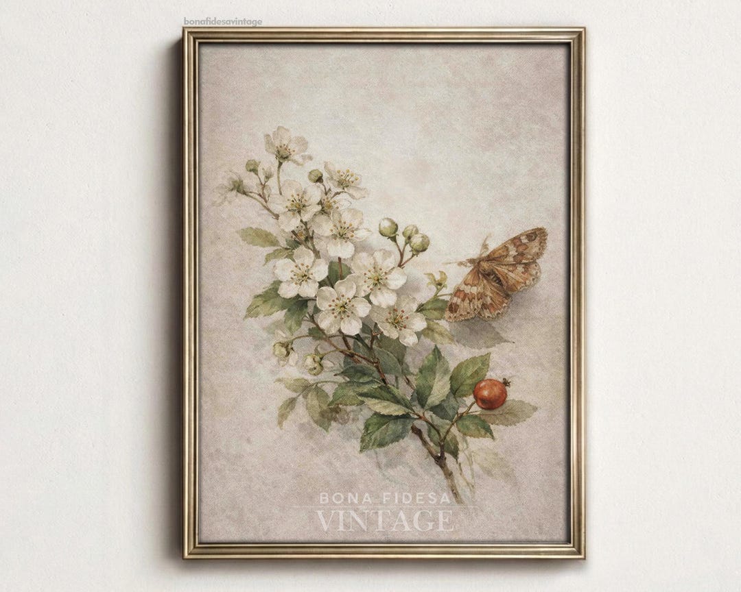 Printable Vintage Botanical Wall Art Hawthorn Blossom With Moth, Nature ...