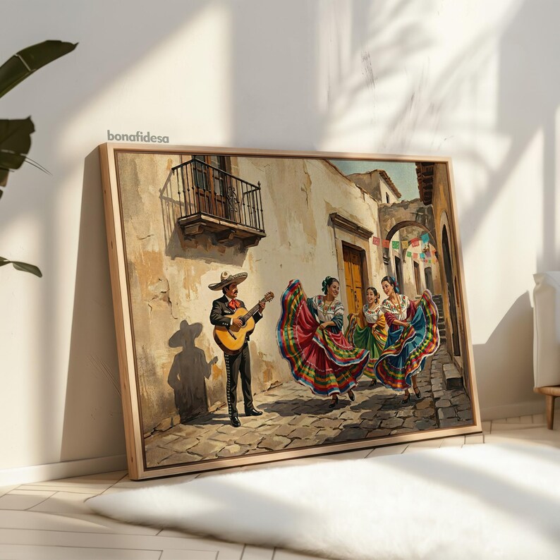 May include: A framed wall art print featuring a painting of a mariachi musician playing a guitar while three dancers in colorful, multi-layered skirts perform on a cobblestone street in front of a beige building with a balcony and the text bonafidesa.